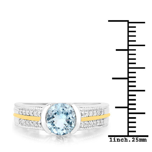 Bids.com 1.37 Carat Genuine Aquamarine and White Diamond 14K Yellow Gold with .925 Sterling Silver Ring Rings