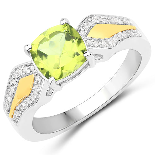 Bids.com 1.64 Carat Genuine Peridot and White Diamond 14K Yellow Gold with .925 Sterling Silver Ring Rings