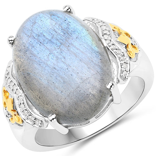 Bids.com 10.56 Carat Genuine Labradorite and White Diamond 14K Yellow Gold with .925 Sterling Silver Ring Rings