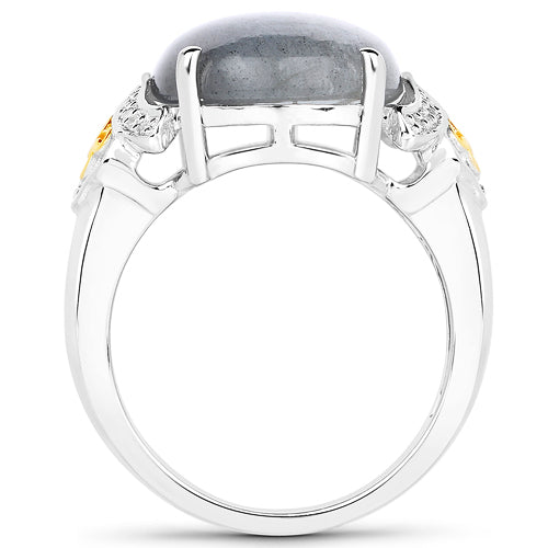 Bids.com 10.56 Carat Genuine Labradorite and White Diamond 14K Yellow Gold with .925 Sterling Silver Ring Rings