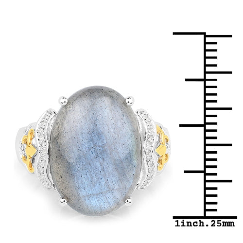 Bids.com 10.56 Carat Genuine Labradorite and White Diamond 14K Yellow Gold with .925 Sterling Silver Ring Rings