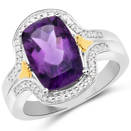 Bids.com 3.43 Carat Genuine Amethyst and White Diamond .925 Sterling Silver Ring Rings