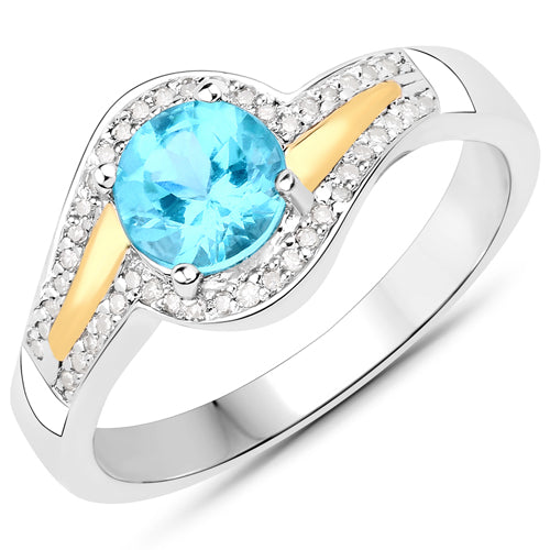 Bids.com 0.92 Carat Genuine Apatite and White Diamond .925 Sterling Silver Ring Rings