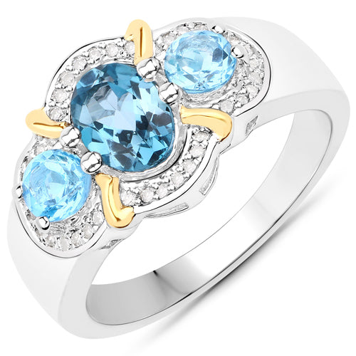 Bids.com 1.64 Carat Genuine London Blue Topaz, Swiss Blue Topaz and White Diamond .925 Sterling Silver Ring Rings