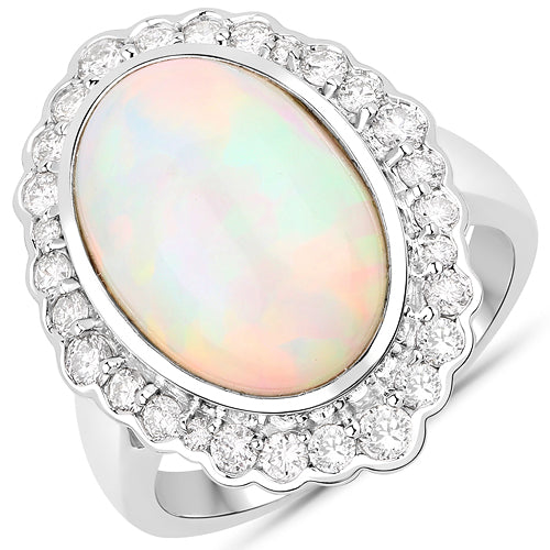 Bids.com 6.38 Carat Genuine Ethiopian Opal and White Diamond 14K White Gold Ring Rings