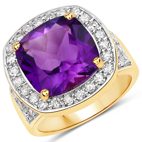 Bids.com 6.80 Carat Genuine Amethyst and White Diamond .925 Sterling Silver Ring Rings