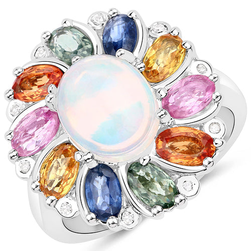 Bids.com 3.92 Carat Genuine Ethiopian Opal, Multi Sapphire and White Diamond .925 Sterling Silver Ring Rings