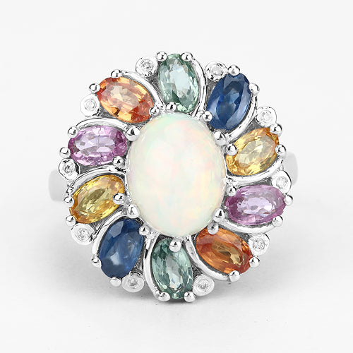 Bids.com 3.92 Carat Genuine Ethiopian Opal, Multi Sapphire and White Diamond .925 Sterling Silver Ring Rings