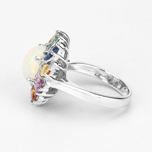 Bids.com 3.92 Carat Genuine Ethiopian Opal, Multi Sapphire and White Diamond .925 Sterling Silver Ring Rings