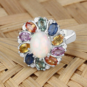 Bids.com 3.92 Carat Genuine Ethiopian Opal, Multi Sapphire and White Diamond .925 Sterling Silver Ring Rings