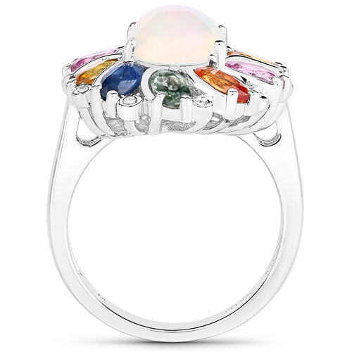 Bids.com 3.92 Carat Genuine Ethiopian Opal, Multi Sapphire and White Diamond .925 Sterling Silver Ring Rings