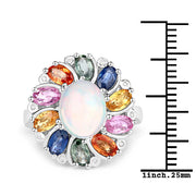 Bids.com 3.92 Carat Genuine Ethiopian Opal, Multi Sapphire and White Diamond .925 Sterling Silver Ring Rings