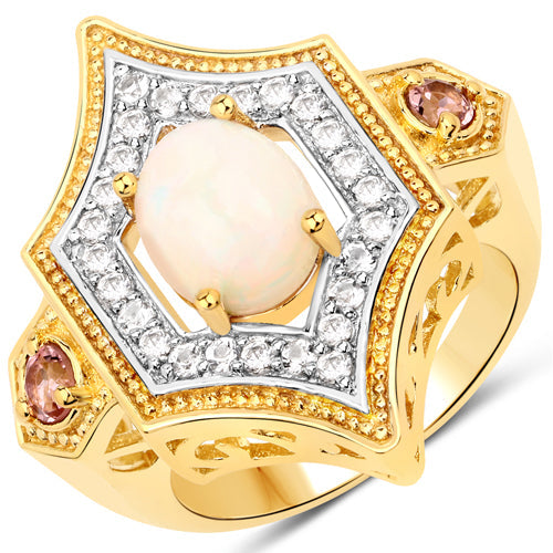 Bids.com 1.81 Carat Genuine Ethiopian Opal, Pink Tourmaline and White Topaz .925 Sterling Silver Ring Rings