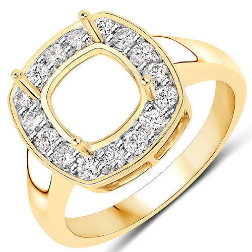 Bids.com 0.48 Carat Genuine White Diamond 14K Yellow Gold Semi Mount Ring - holds 8x8mm Cushion Gemstone Rings