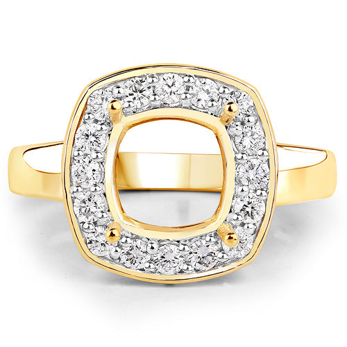 Bids.com 0.48 Carat Genuine White Diamond 14K Yellow Gold Semi Mount Ring - holds 8x8mm Cushion Gemstone Rings