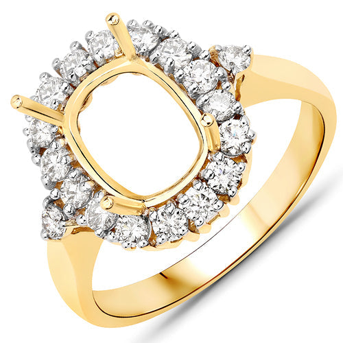 Bids.com 0.54 Carat Genuine White Diamond 14K Yellow Gold Semi Mount Ring - holds 9x7mm Cushion Gemstone Rings