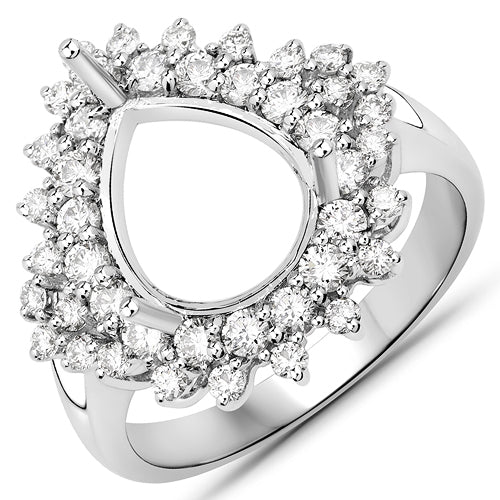 Bids.com 0.89 Carat Genuine White Diamond 14K White Gold Semi Mount Ring - holds 11x9mm Pear Gemstone Rings