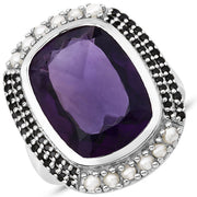 Bids.com 9.59 Carat Genuine Amethyst, Pearl and Black Spinel .925 Sterling Silver Ring Rings