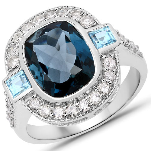 Bids.com "5.27 Carat Genuine London Blue Topaz, Swiss Blue Topaz and White Diamond .925 Sterling Silver Ring Rings