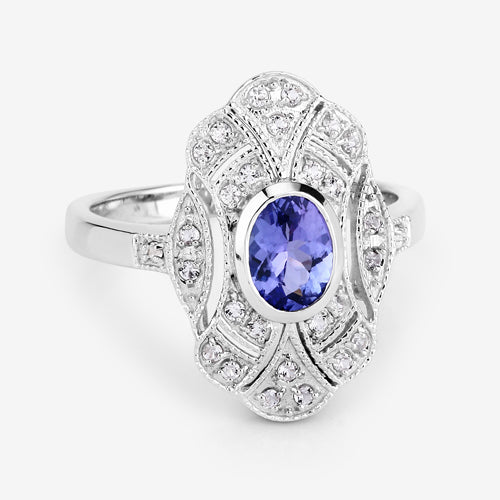 Bids.com 1.17 Carat Genuine Tanzanite and White Topaz .925 Sterling Silver Ring Rings