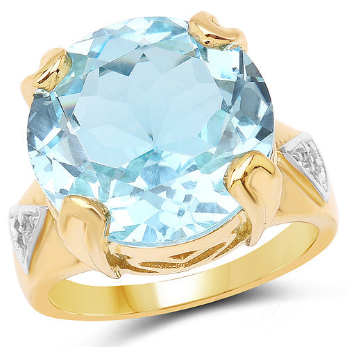 Bids.com 14K Yellow Gold Plated 12.98 Carat Genuine Blue Topaz and White Topaz .925 Sterling Silver Ring Rings