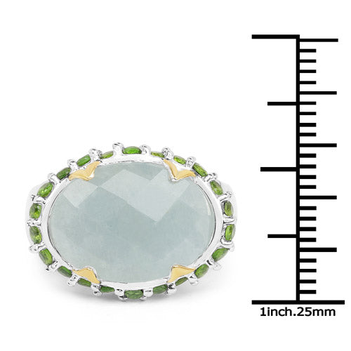 Bids.com Two Tone Plated 9.12 Carat Genuine Milky Aquamarine and Chrome Diopside .925 Sterling Silver Ring Rings
