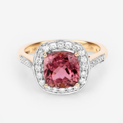 Bids.com 2.71 Carat Genuine Royal Pink Tourmaline and White Diamond 14K Yellow Gold Ring Rings