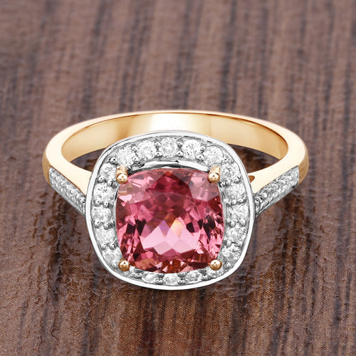 Bids.com 2.71 Carat Genuine Royal Pink Tourmaline and White Diamond 14K Yellow Gold Ring Rings