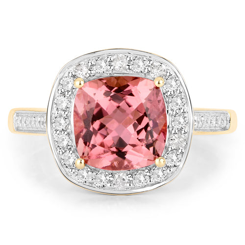 Bids.com 2.71 Carat Genuine Royal Pink Tourmaline and White Diamond 14K Yellow Gold Ring Rings