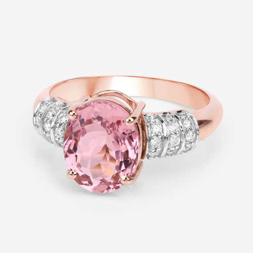 Bids.com 3.11 Carat Genuine Pink Tourmaline and White Diamond 14K Rose Gold Ring Rings