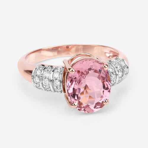 Bids.com 3.11 Carat Genuine Pink Tourmaline and White Diamond 14K Rose Gold Ring Rings