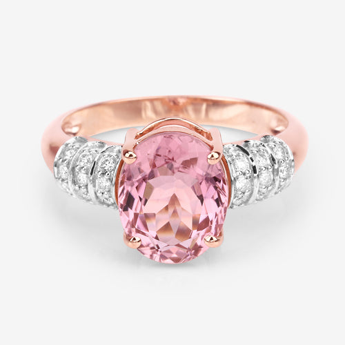 Bids.com 3.11 Carat Genuine Pink Tourmaline and White Diamond 14K Rose Gold Ring Rings