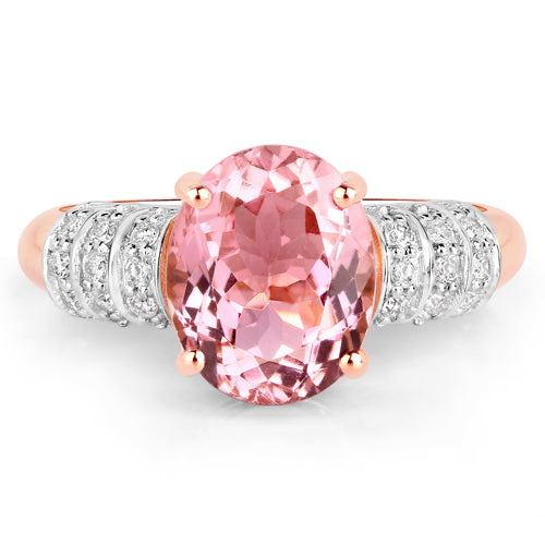 Bids.com 3.11 Carat Genuine Pink Tourmaline and White Diamond 14K Rose Gold Ring Rings