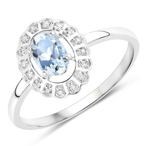 Bids.com 0.44 Carat Genuine Aquamarine and White Diamond 14K White Gold Ring Rings