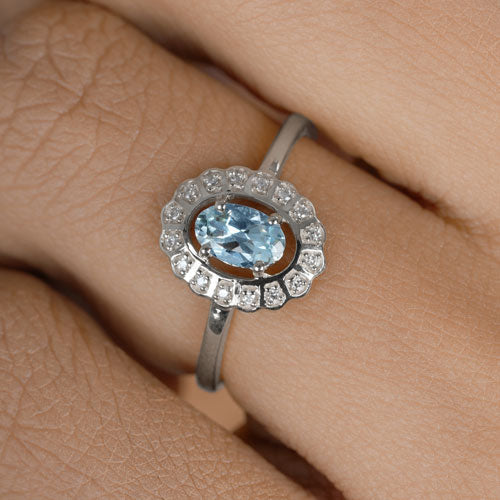 Bids.com 0.44 Carat Genuine Aquamarine and White Diamond 14K White Gold Ring Rings