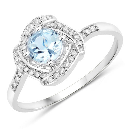 Bids.com 0.46 Carat Genuine Aquamarine and White Diamond 14K White Gold Ring Rings
