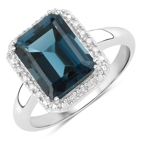 Bids.com 3.86 Carat Genuine London Blue Topaz and White Diamond .925 Sterling Silver Ring Rings