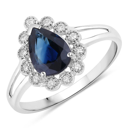 Bids.com 1.46 Carat Genuine Blue Sapphire and White Diamond 10K White Gold Ring Rings