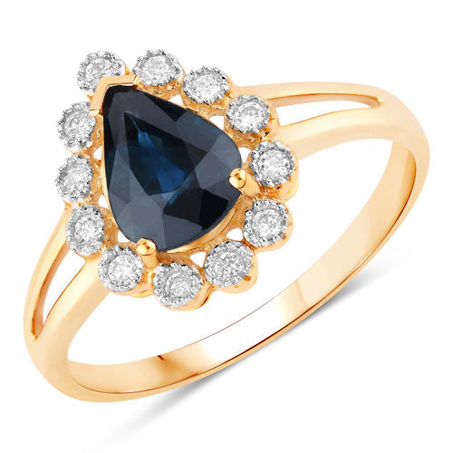 Bids.com 1.46 Carat Genuine Blue Sapphire and White Diamond 10K Yellow Gold Ring Rings