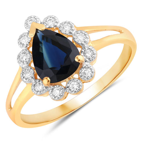 Bids.com 1.46 Carat Genuine Blue Sapphire and White Diamond 14K Yellow Gold Ring Rings