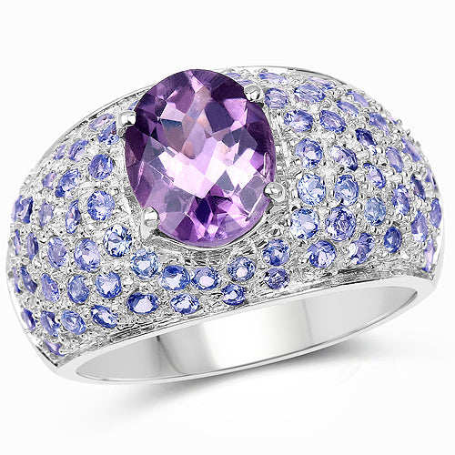 Bids.com 4.21 Carat Genuine Amethyst and Tanzanite .925 Sterling Silver Ring Rings