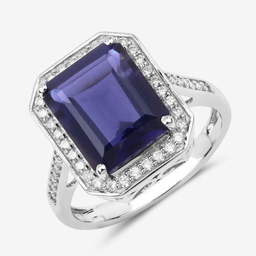 Bids.com 3.70 Carat Genuine Iolite and White Diamond 14K White Gold Ring Rings