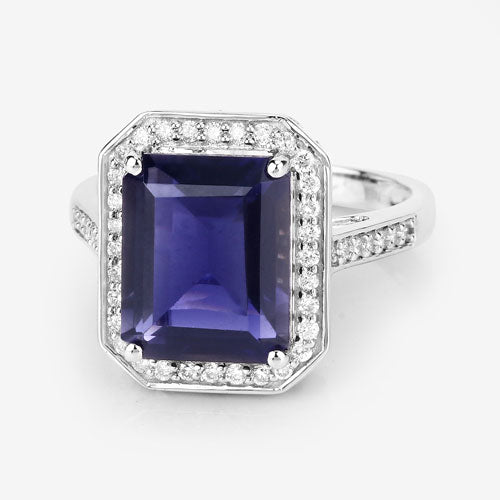 Bids.com 3.70 Carat Genuine Iolite and White Diamond 14K White Gold Ring Rings