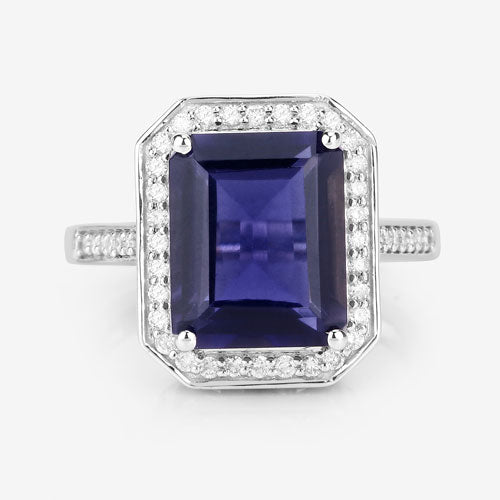 Bids.com 3.70 Carat Genuine Iolite and White Diamond 14K White Gold Ring Rings