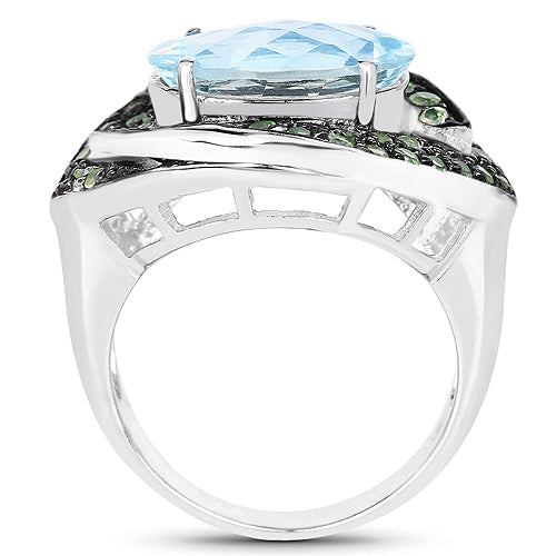 Bids.com 7.39 Carat Genuine Blue Topaz and Peridot .925 Sterling Silver Ring Rings