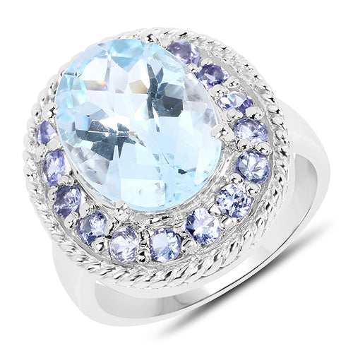Bids.com 7.41 Carat Genuine Blue Topaz and Tanzanite .925 Sterling Silver Ring Rings
