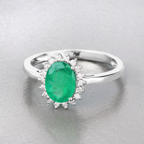 Bids.com 1.34 Carat Genuine Zambian Emerald and White Diamond 10K White Gold Ring Rings