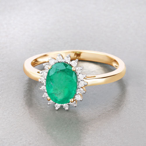 Bids.com 1.34 Carat Genuine Zambian Emerald and White Diamond 10K Yellow Gold Ring Rings