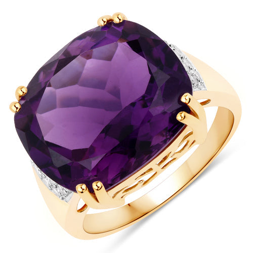 Bids.com 11.42 Carat Genuine Amethyst and White Diamond 14K Yellow Gold Ring Rings