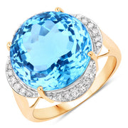 Bids.com 12.69 Carat Genuine Swiss Blue Topaz and White Diamond 14K Yellow Gold Ring Rings